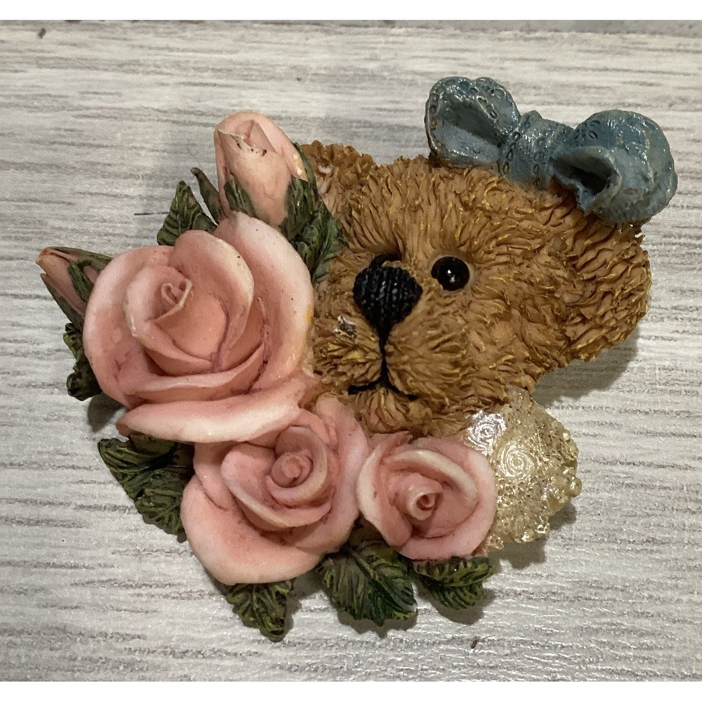 BOYD'S BEARS Silvertone Pin Textured Teddy Bear Face w/ Roses Vintage‎